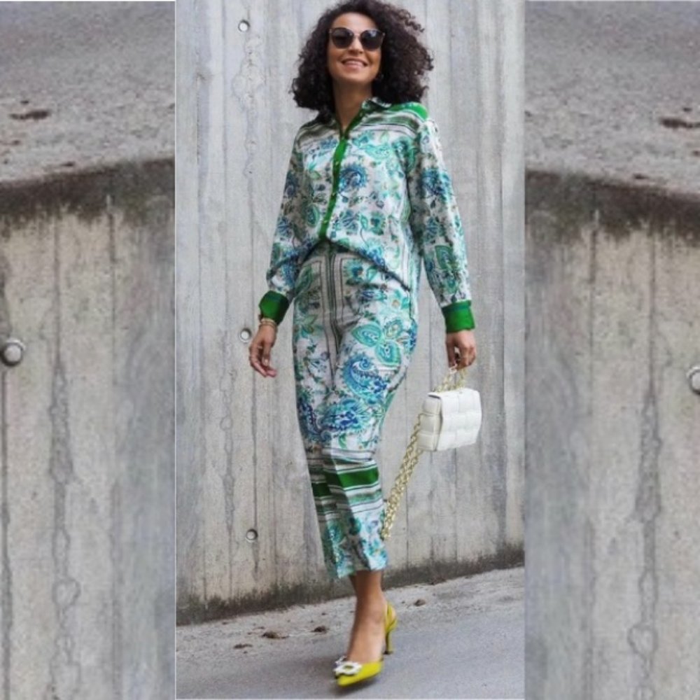 NWOT Zara Blue and Green Scarf Print Top (Sz. Medium) and Pant (Sz. Large) Set